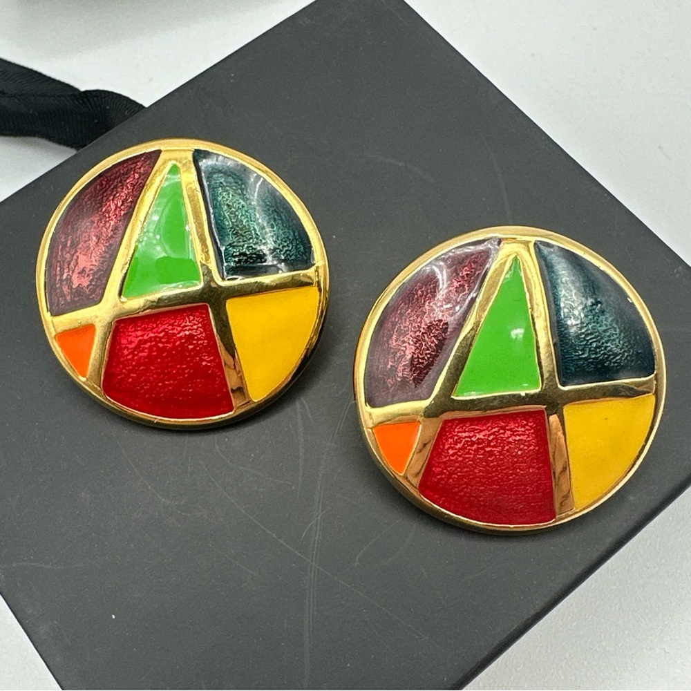 Vintage Enamel Modern Metropolis‎ Geometric Clip Earrings #767